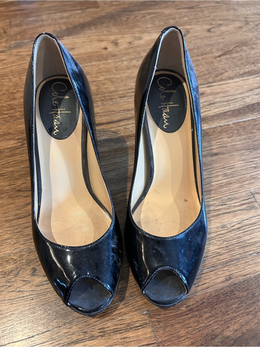 Cole Haan Black Patent Peep-Toe Heels